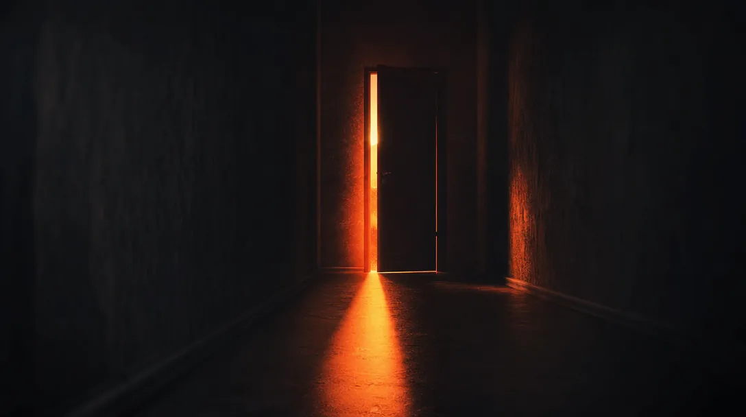 A door slightly ajar in a dark corridor, warm light cutting across the floor